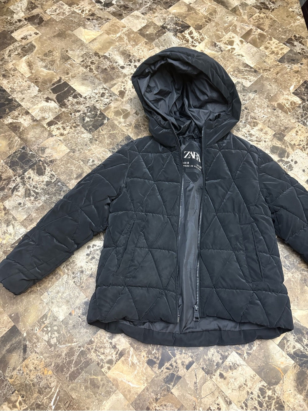 Zara Black Quilted Hooded Puffer Jacket for Kids 8 years